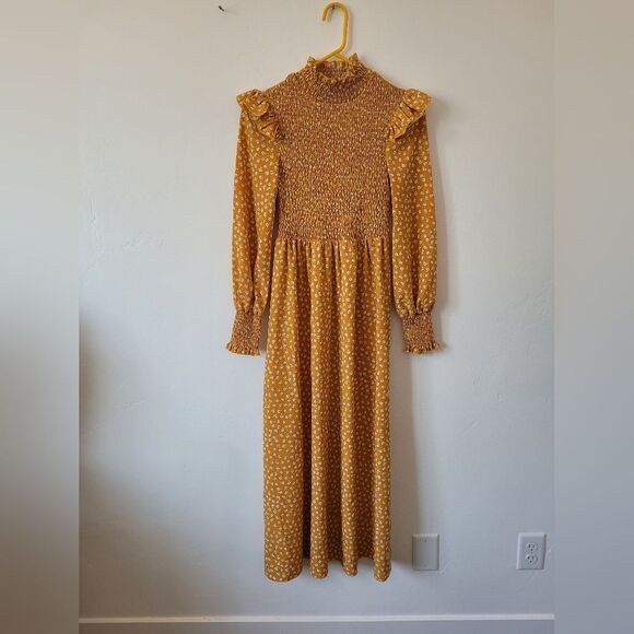 Yellow Floral Maxi Peasant Dress Boho Flounce Flutter Gypsy Hippie Cottagecore S - Picture 6 of 10